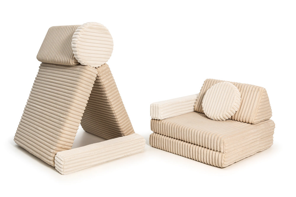 Cream corduroy kinderspeelbank waffle textuur